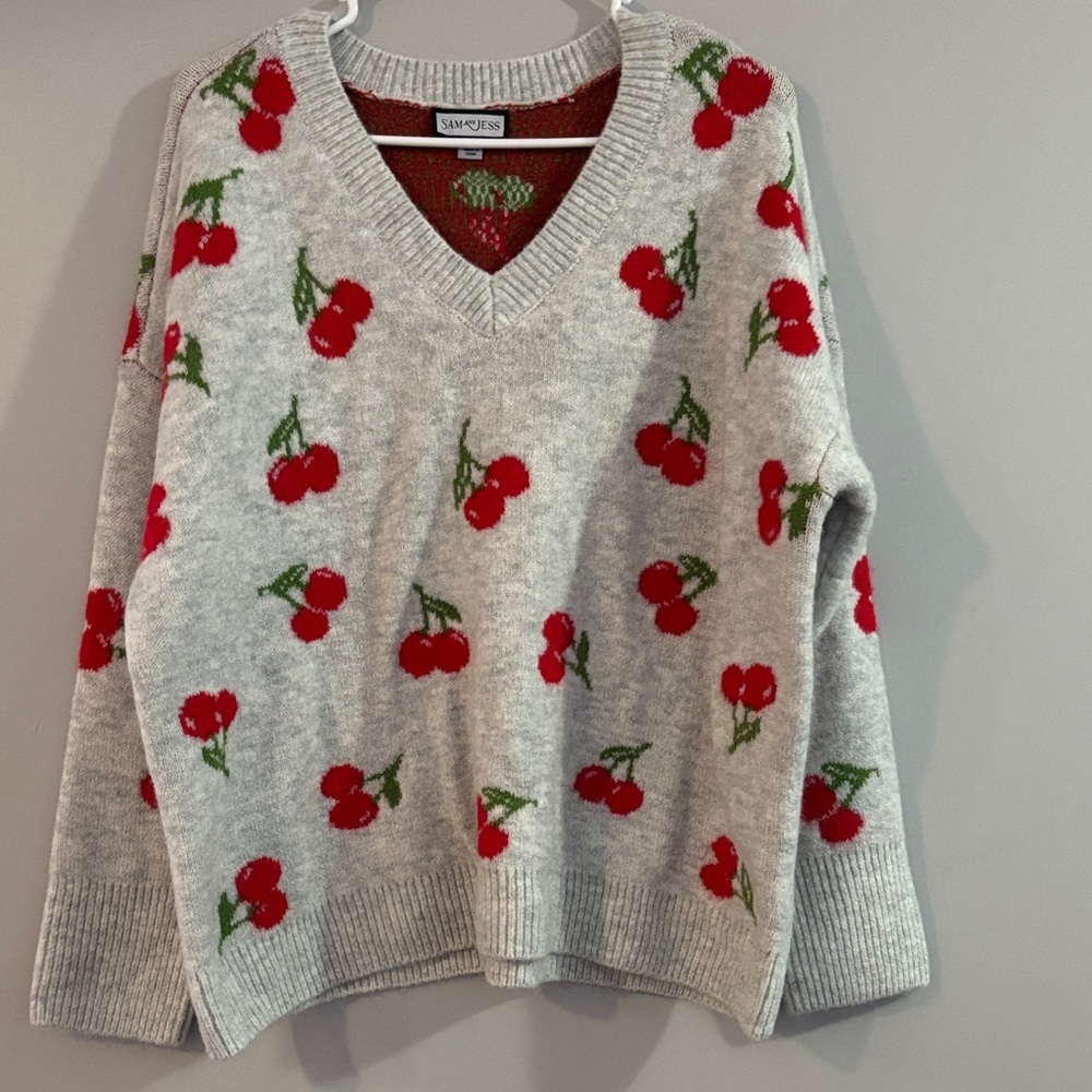 Sam & Jess Light Gray V-Neck Sweater with Red Cherry Motif